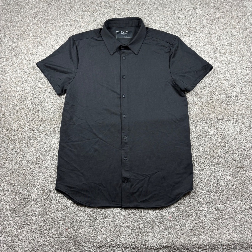 BYLT Premium Basics Executive Fit Short Sleeve Button Down Shirt Black Mens M
